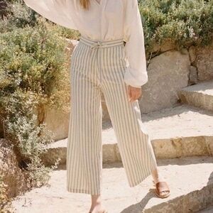 Doen Cream and Light Blue Striped Wide-Leg Linen Trousers
